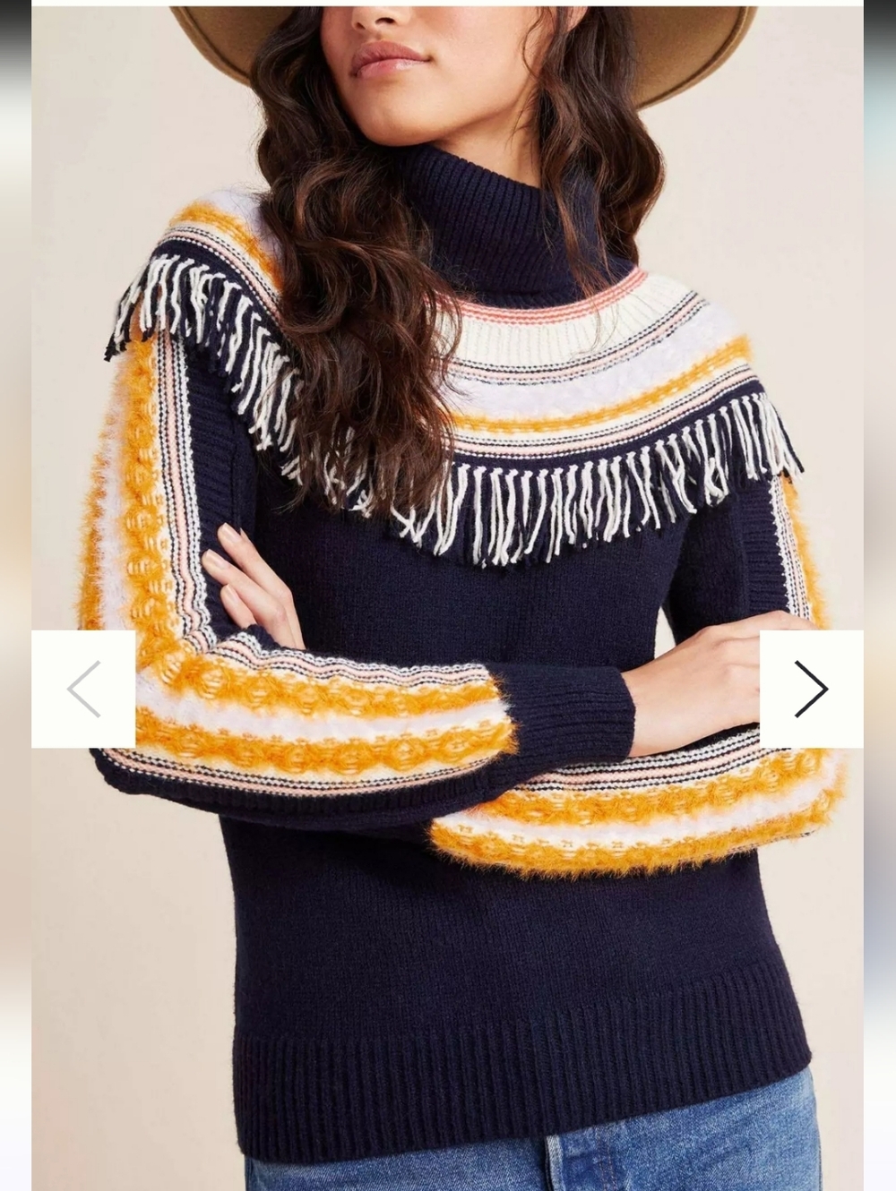 Anthropologie Margherita Nordic Sweater Fringed Turtleneck Navy Mustard Size S